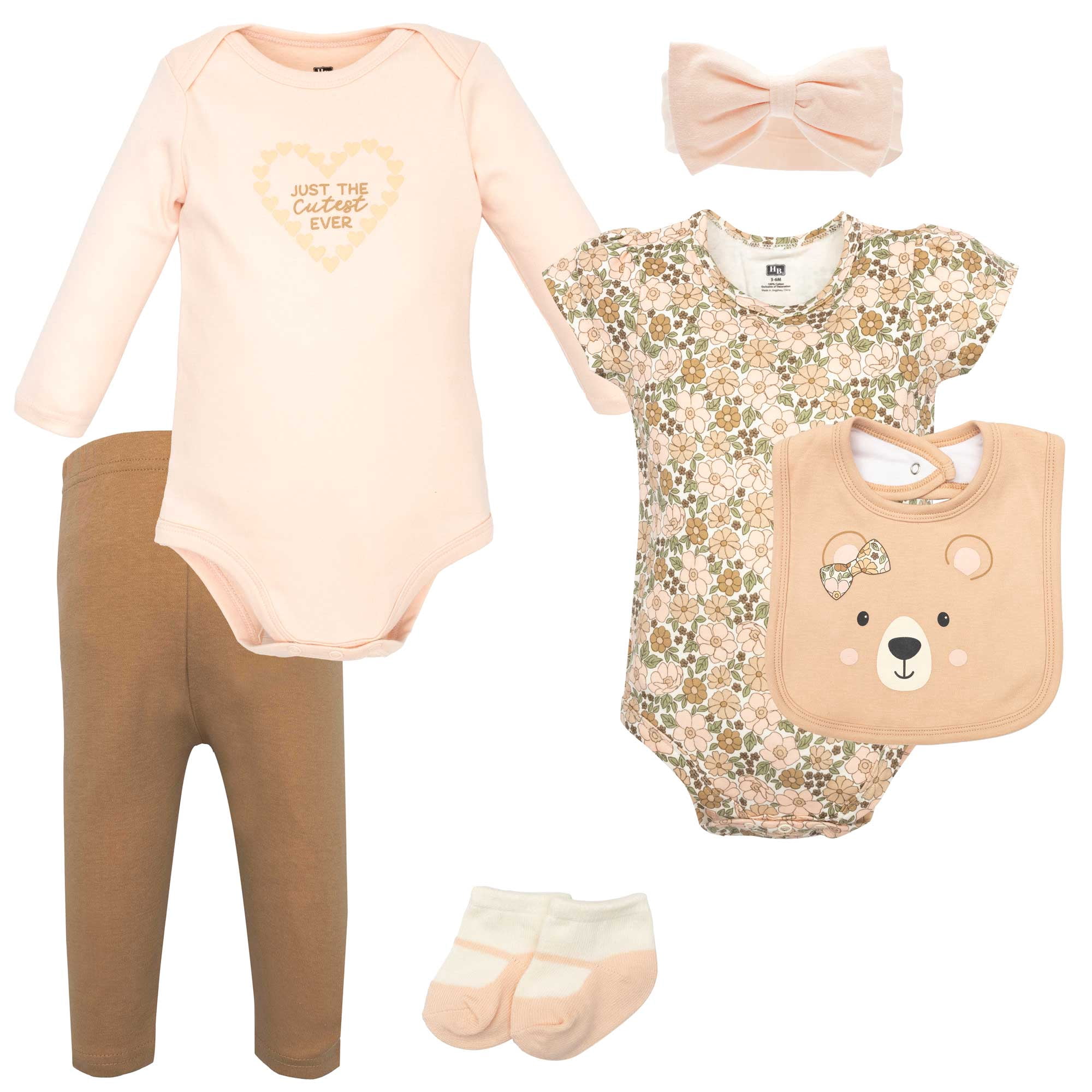 Hudson Baby Infant Girls Cotton Layette Set, Floral Brown Bear, 0-3 Months