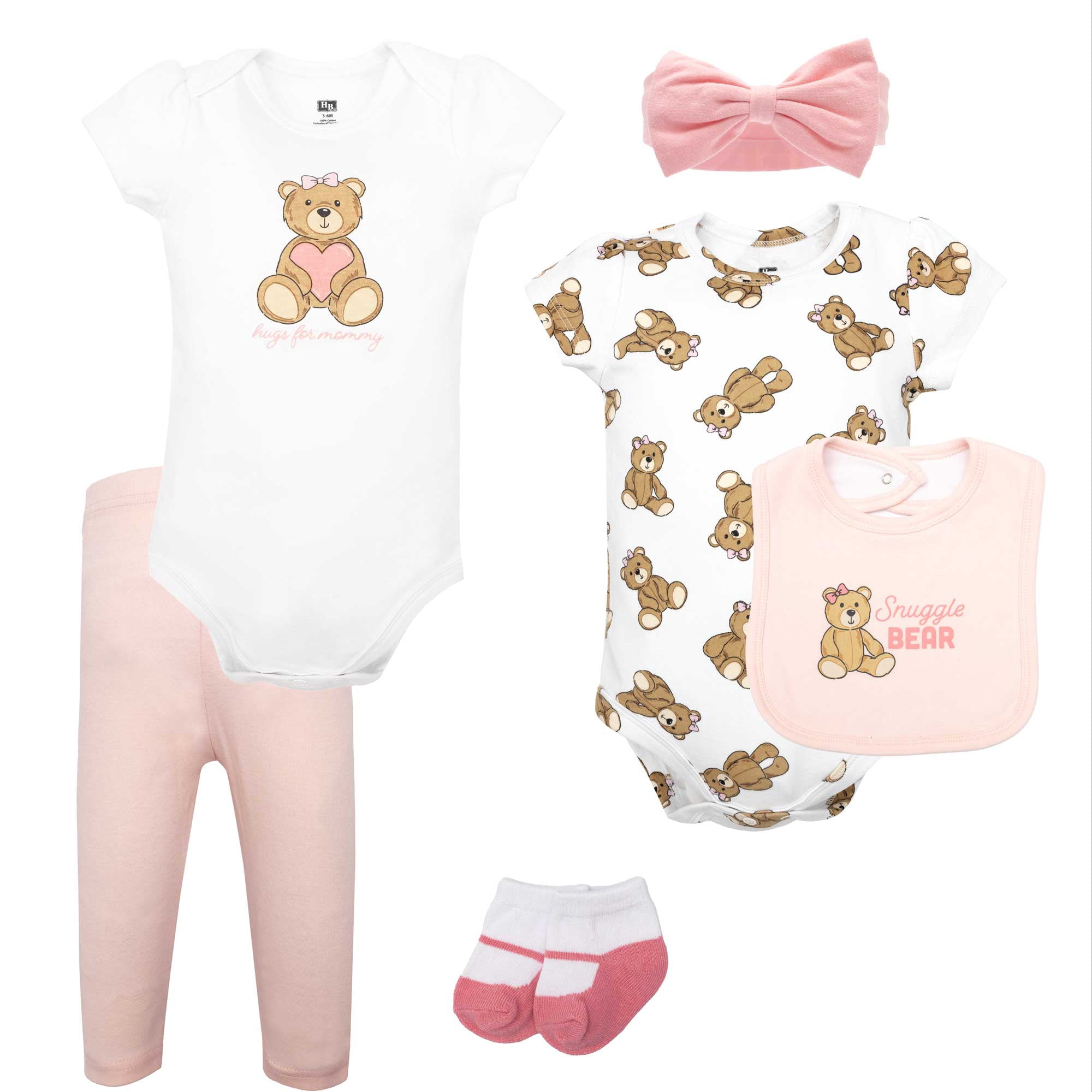 Hudson Baby Infant Girls Cotton Layette Set, Pink Snuggle Bear, 9-12 Months