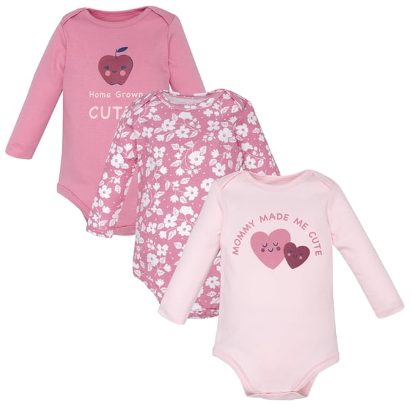 Hudson Baby Infant Girls Cotton Long-Sleeve Bodysuits 3-Pack, Cute Hearts, 6-9 Months