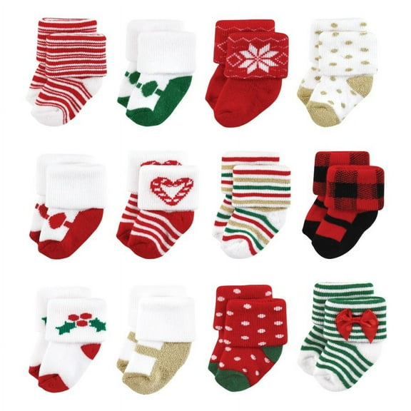 Hudson Baby Infant Girls Cotton Rich Newborn and Terry Socks, 12 Days Of Christmas Girl, 0-6 Months
