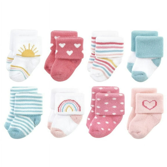 Hudson Baby Infant Girls Cotton Rich Newborn and Terry Socks, Modern Rainbow, 6-12 Months