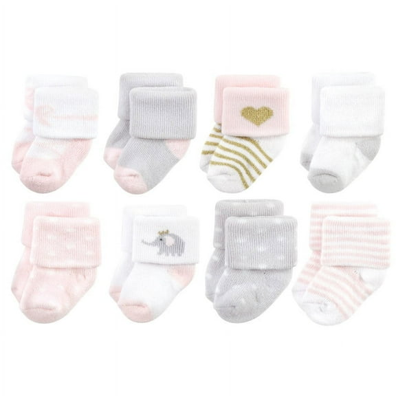 Hudson Baby Infant Girls Cotton Rich Newborn and Terry Socks, Pink Gray Elephant, 0-6 Months