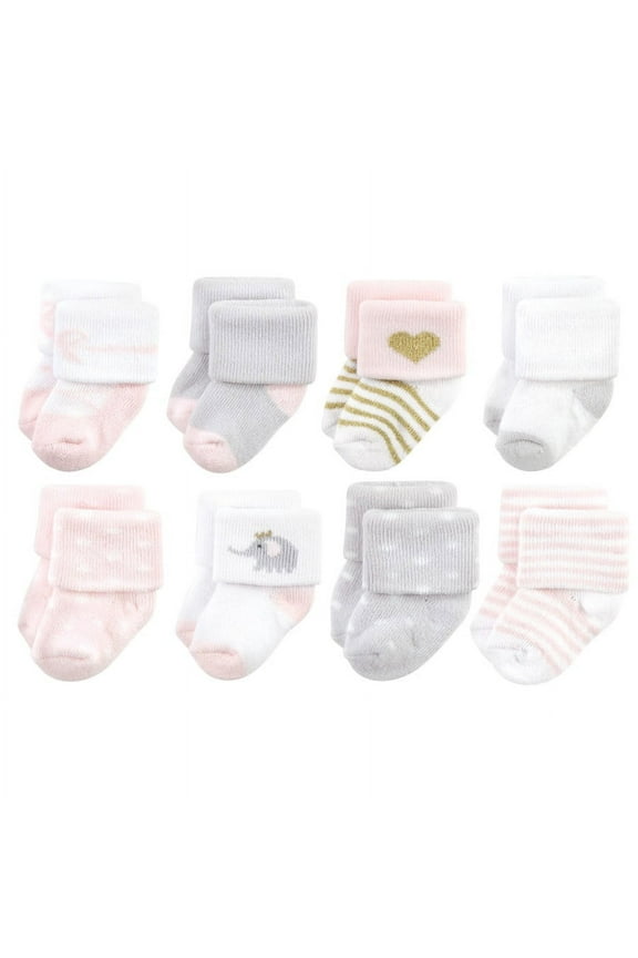 Infant Girls Cotton Rich Newborn and Terry Socks, Pink Gray Elephant, 0-6 Months
