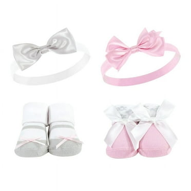 Hudson Baby Infant Girls Headband and Socks Set, Pink Gray, 0-9 Months