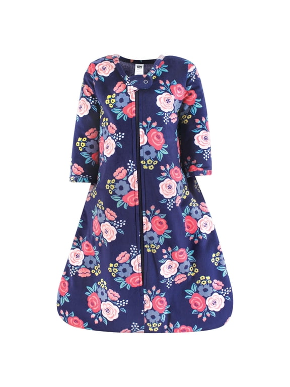 Infant Girls Long Sleeve Plush Faux Fur Sleeping Bag, Wearable Blanket, Navy Bold Floral, 0-6 Months