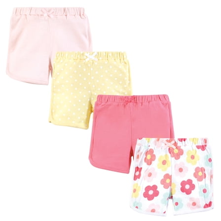 Hudson Baby Infant Girls Shorts Bottoms 4-Pack, Cheerful Flower, 0-3 Months