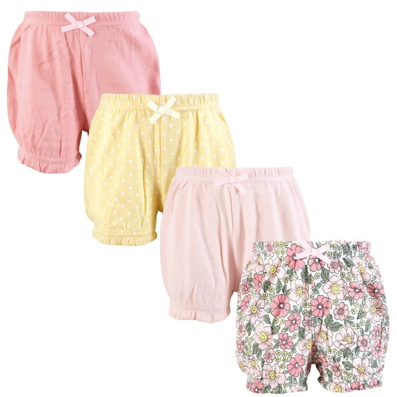 Hudson Baby Infant Girls Shorts Bottoms 4-Pack, Pink Yellow Pretty Floral, 0-3 Months