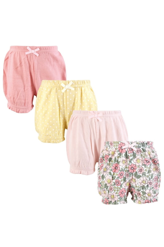 Infant Girls Shorts Bottoms 4-Pack, Pink Yellow Pretty Floral, 3-6 Months