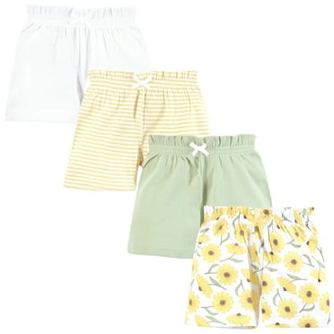 Hudson Baby Infant Girls Shorts Bottoms 4-Pack, Yellow Daisy, 0-3 Months