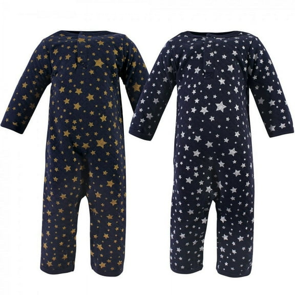 Hudson Baby Infant Premium Quilted Coveralls 2pk, Metallic Stars, 0-3 Months