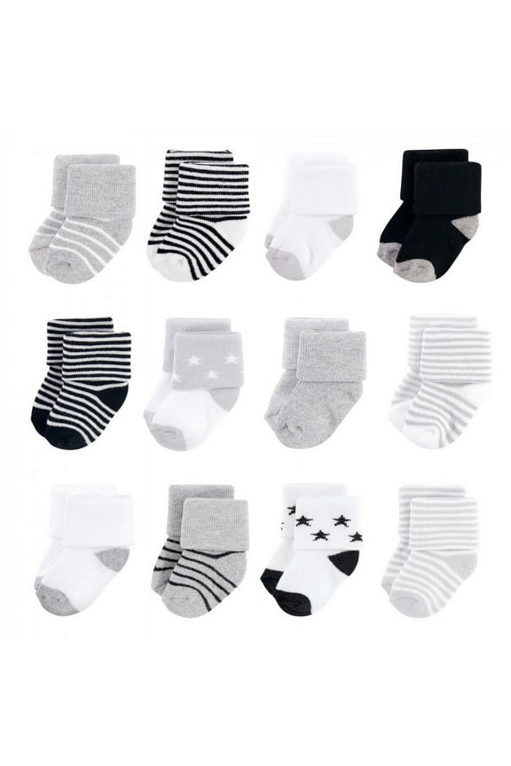 Infant Unisex Cotton Rich Newborn and Terry Socks, Gray Black Stars, 0-6 Months