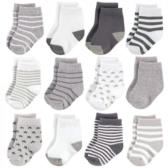 Hudson Baby Infant Unisex Cotton Rich Newborn and Terry Socks, Gray White Star, 0-6 Months