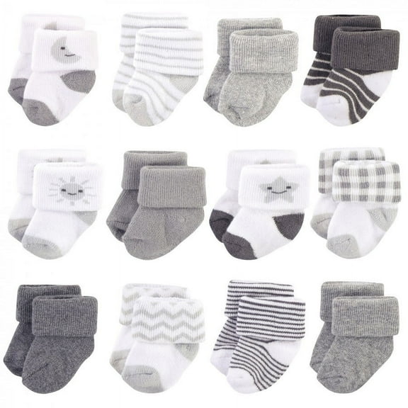 Hudson Baby Infant Unisex Cotton Rich Newborn and Terry Socks, Moon, 0-3 Months