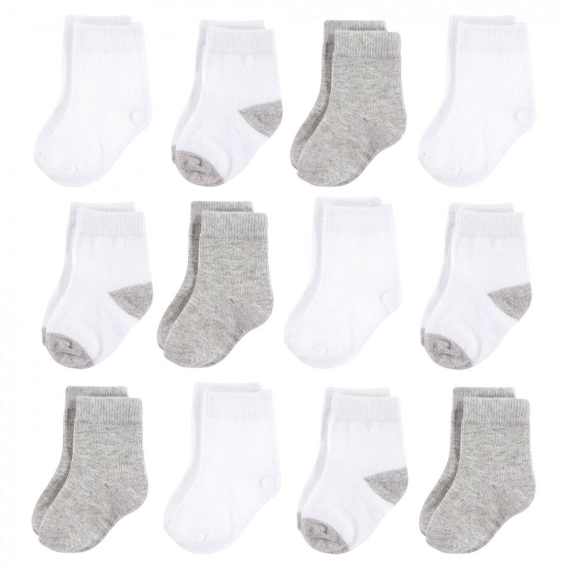 Hudson Baby Infant Unisex Cotton Rich Newborn and Terry Socks, White Gray, 12-24 Months