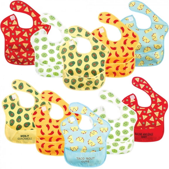Hudson Baby Infant Waterproof Polyester Bibs 10pk, Tacos, Feeder