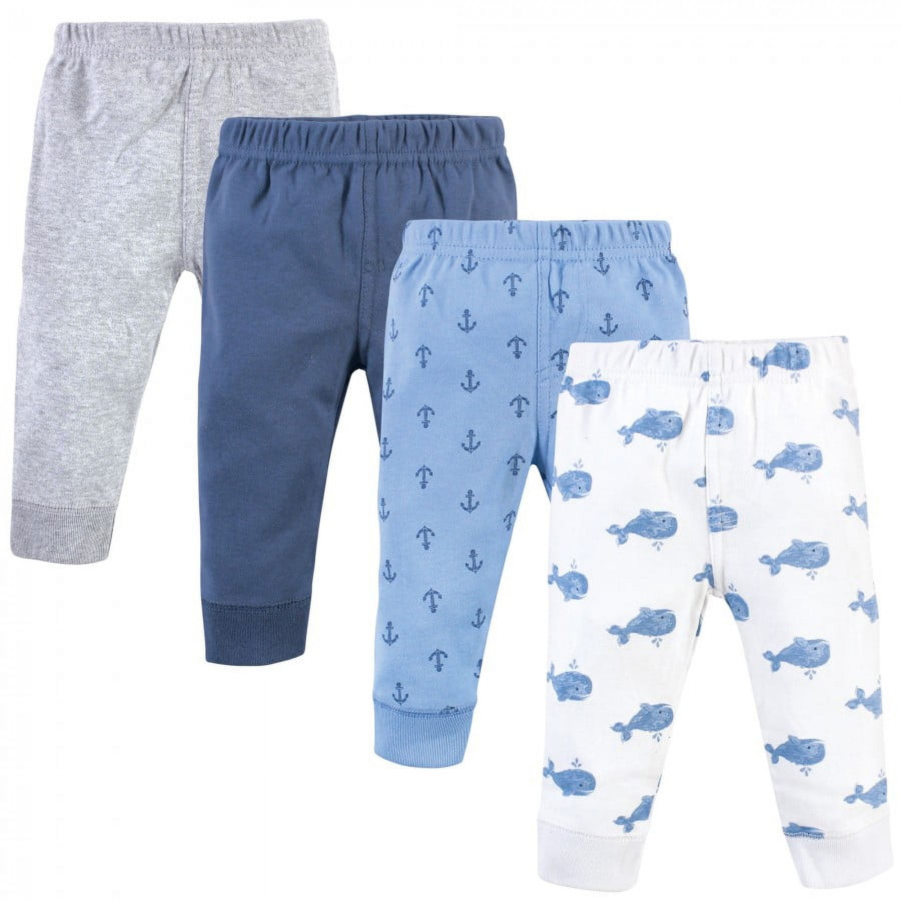 Hudson Baby Infant and Toddler Boy Cotton Pants 4pk, Blue Whales, 6-9 Months