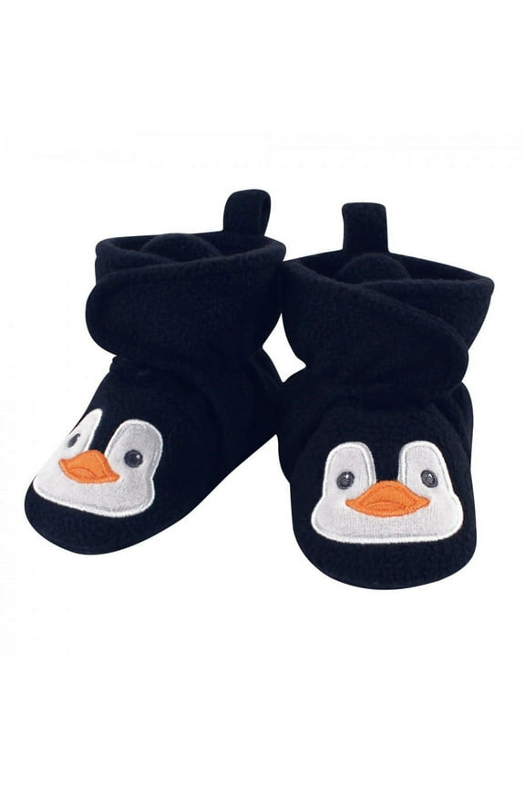 Infant and Toddler Boy Cozy Fleece Booties, Navy Penguin, 6-12 Months