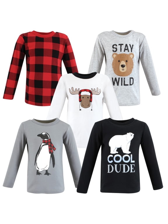 Infant and Toddler Boy Long Sleeve T-Shirts, Winter Penguin Moose, 18-24 Months