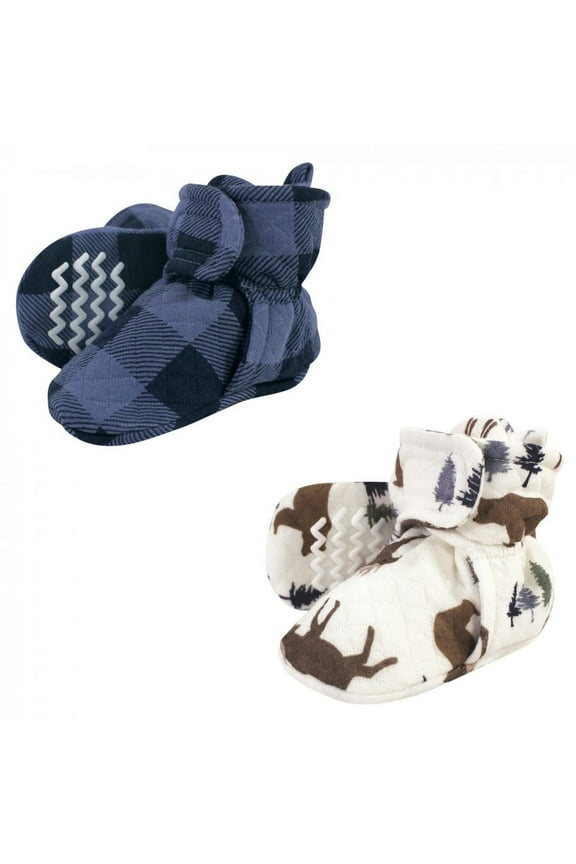 Infant and Toddler Boy Quilted Booties 2pk, Moose Bear, 12-18 Months