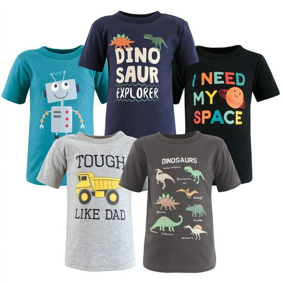 Hudson Baby Infant and Toddler Boy Short Sleeve T-Shirts, Dino Truck Robot, 2 Toddler