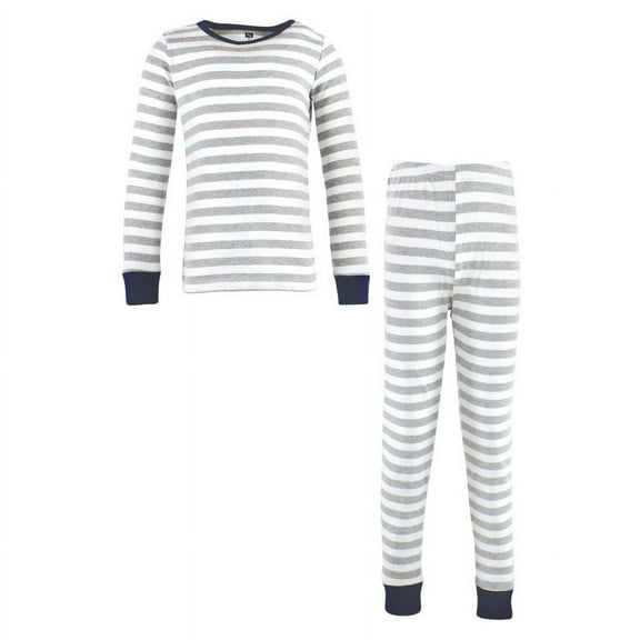 Hudson Baby Infant and Toddler Cotton Pajama Set, Gray Stripe Navy, 4 Toddler