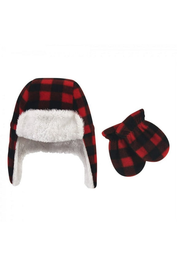 Infant and Toddler Fleece Trapper Hat and Mitten 2pc Set, Black Red Plaid, 12-18 Months
