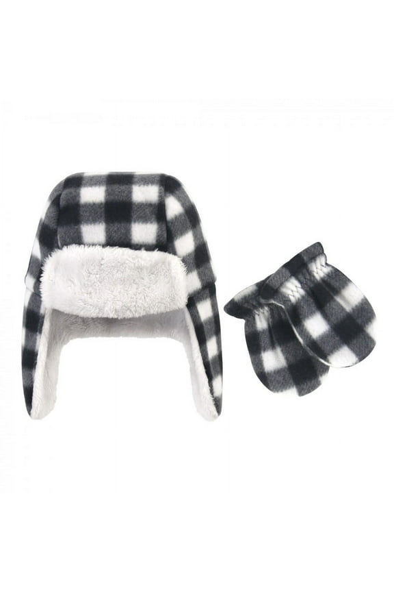 Infant and Toddler Fleece Trapper Hat and Mitten 2pc Set, Black White Plaid, 18-24 Months