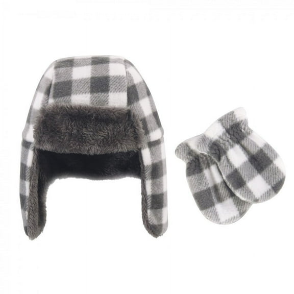 Hudson Baby Infant and Toddler Fleece Trapper Hat and Mitten 2pc Set, Charcoal White Plaid, 18-24 Months