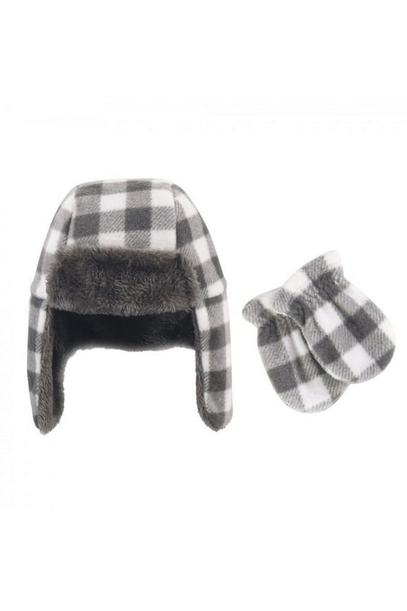 Infant and Toddler Fleece Trapper Hat and Mitten 2pc Set, Charcoal White Plaid, 18-24 Months