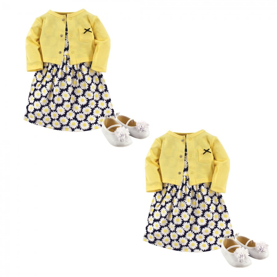 Hudson Baby Infant and Toddler Girl Cotton Dress, Cardigan and Shoe Set, Daisy 6Piece, 69