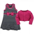 thumbnail image 1 of Hudson Baby Infant and Toddler Girl Cotton Dress and Cardigan 2pc Set, Berry Navy, 6-9 Months, 1 of 2