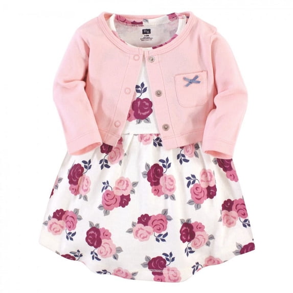 Hudson Baby Infant and Toddler Girl Cotton Dress and Cardigan 2pc Set, Blush Floral, 2 Toddler