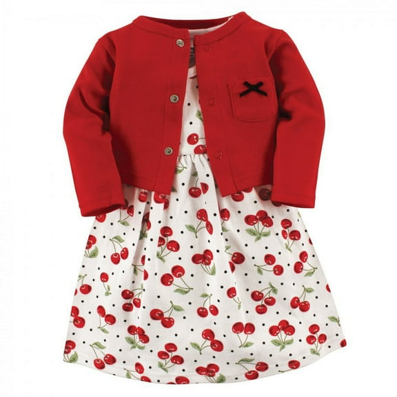 Hudson Baby Infant and Toddler Girl Cotton Dress and Cardigan 2pc Set, Cherries, 2 Toddler