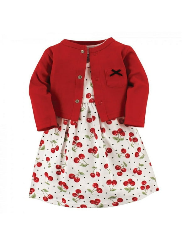 Hudson Baby Infant and Toddler Girl Cotton Dress and Cardigan 2pc Set, Cherries, 2 Toddler