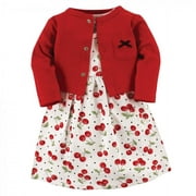 Hudson Baby Infant and Toddler Girl Cotton Dress and Cardigan 2pc Set, Cherries, 3 Toddler
