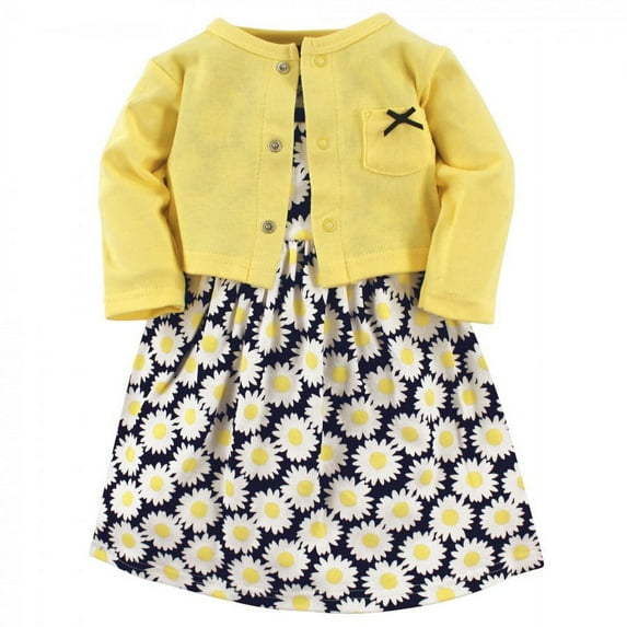 Hudson Baby Infant and Toddler Girl Cotton Dress and Cardigan 2pc Set, Daisy, 6-9 Months