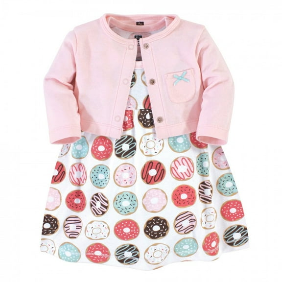 Hudson Baby Infant and Toddler Girl Cotton Dress and Cardigan 2pc Set, Donuts, 6-9 Months