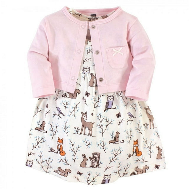 Hudson Baby Infant and Toddler Girl Cotton Dress and Cardigan 2pc Set, Enchanted Forest, 9-12 Months