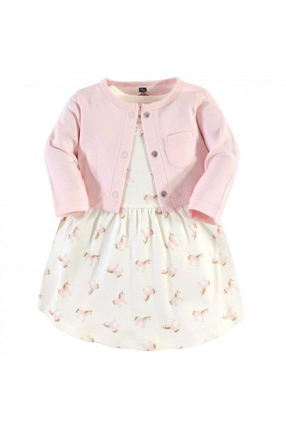 Infant and Toddler Girl Cotton Dress and Cardigan 2pc Set, Gold Unicorn, 4 Toddler