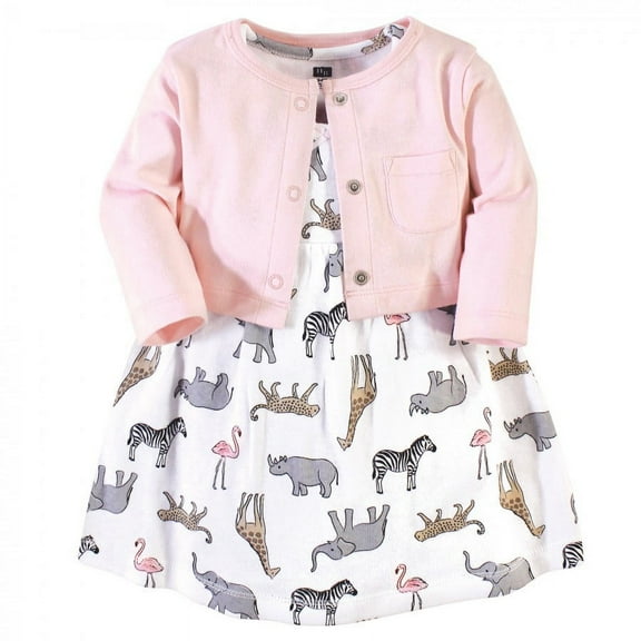 Hudson Baby Infant and Toddler Girl Cotton Dress and Cardigan 2pc Set, Modern Pink Safari, 0-3 Months
