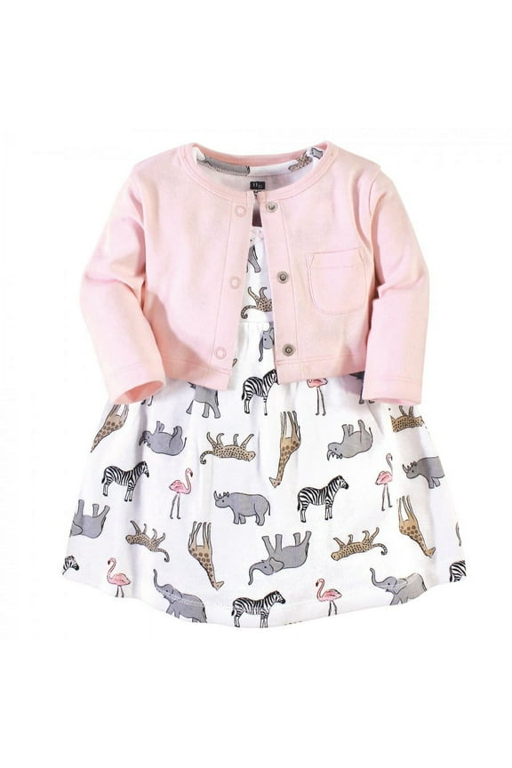 Infant and Toddler Girl Cotton Dress and Cardigan 2pc Set, Modern Pink Safari, 5 Toddler