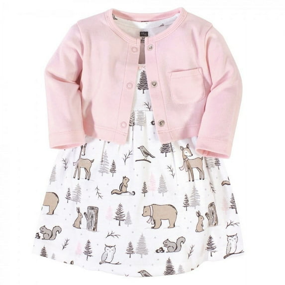 Hudson Baby Infant and Toddler Girl Cotton Dress and Cardigan 2pc Set, Winter Forest, 2 Toddler
