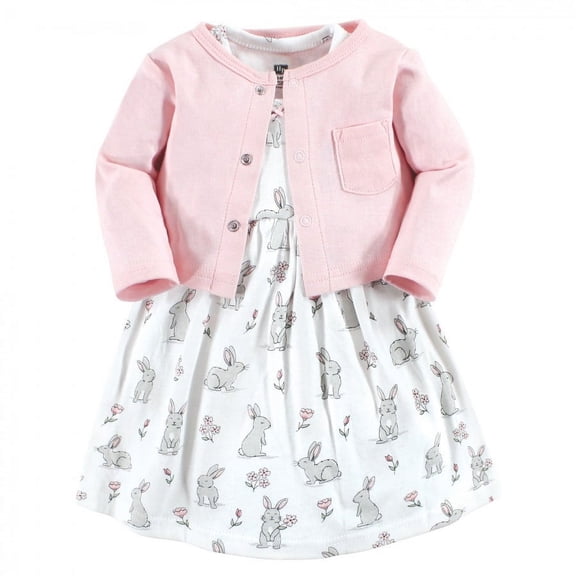 Hudson Baby Infant and Toddler Girl Cotton Dress and Cardigan Set, Bunny Floral, 12-18 Months