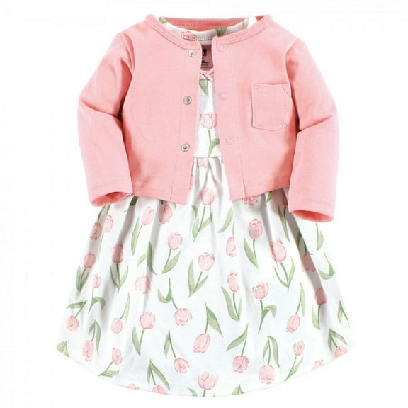 Hudson Baby Infant and Toddler Girl Cotton Dress and Cardigan Set, Pink Tulips, 18-24 Months