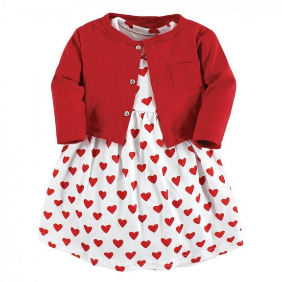 Hudson Baby Infant and Toddler Girl Cotton Dress and Cardigan Set, Red Hearts, 3 Toddler