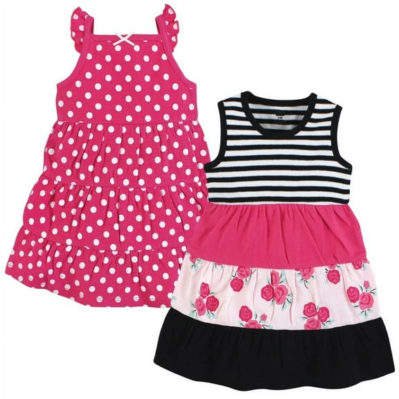 Hudson Baby Infant and Toddler Girl Cotton Dresses, Pink Black Roses, 3 Toddler
