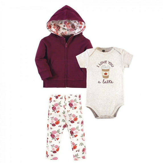 Hudson Baby Infant and Toddler Girl Cotton Hoodie, Bodysuit or Tee Top and Pant Set, Fall Floral Baby, 3-6 Months