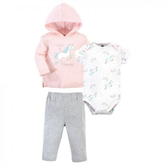 Hudson Baby Infant and Toddler Girl Cotton Hoodie, Bodysuit or Tee Top and Pant Set, Glitter Unicorn Baby, 3-6 Months