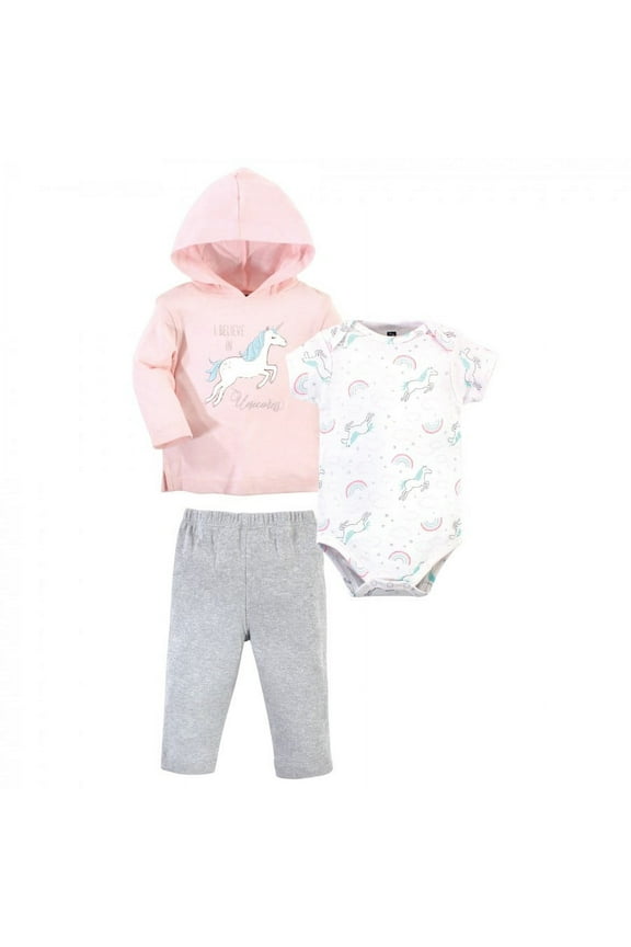 Infant and Toddler Girl Cotton Hoodie, Bodysuit or Tee Top and Pant Set, Glitter Unicorn Baby, 6-9 Months