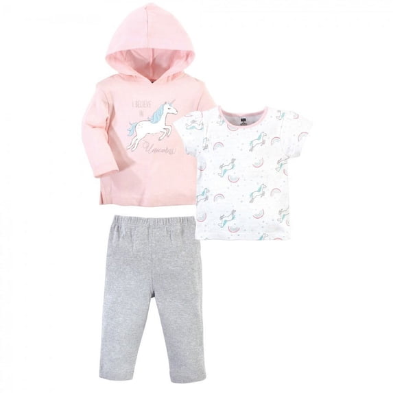 Hudson Baby Infant and Toddler Girl Cotton Hoodie, Bodysuit or Tee Top and Pant Set, Glitter Unicorn Toddler, 5 Toddler